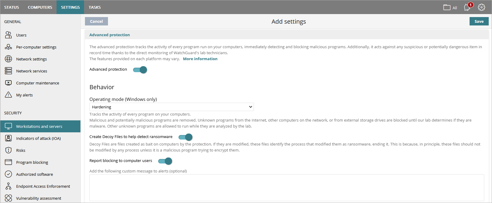 Screen shot of WatchGuard Endpoint Security, Advanced Protection settings