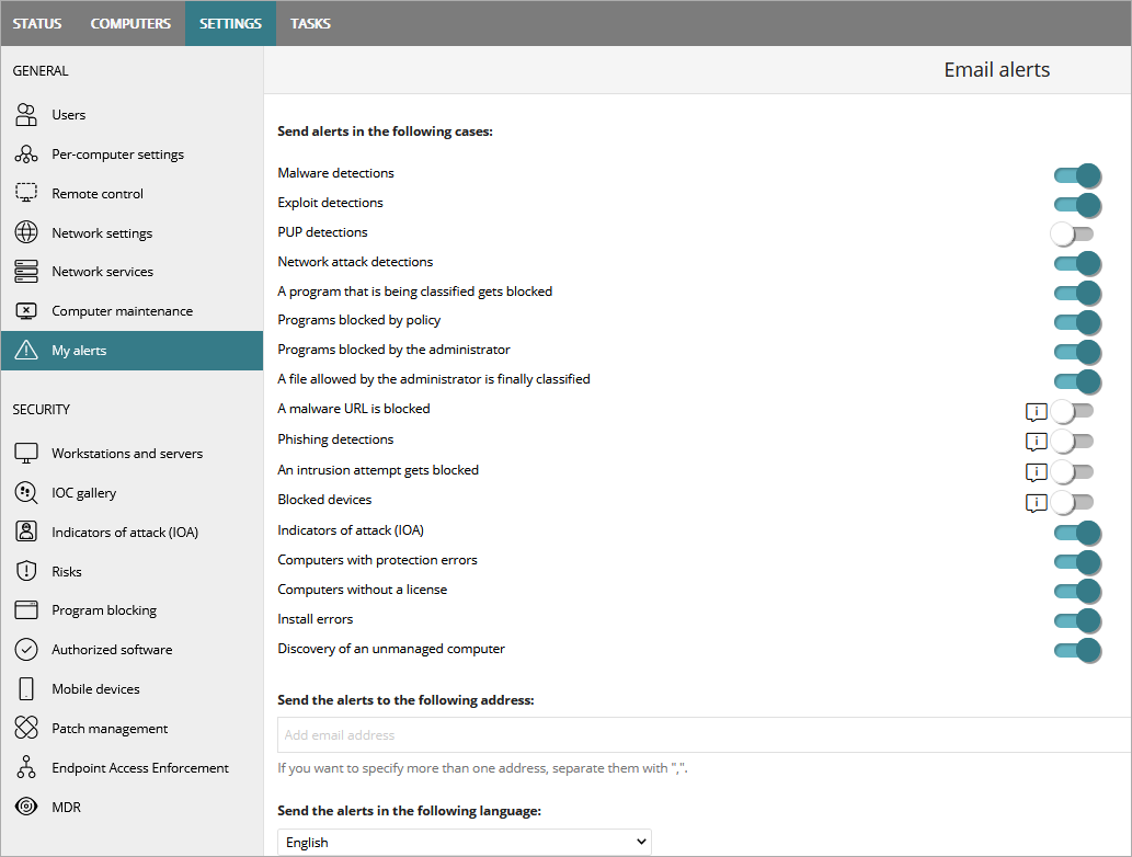 Screen shot of WatchGuard Endpoint Security, My Alerts page