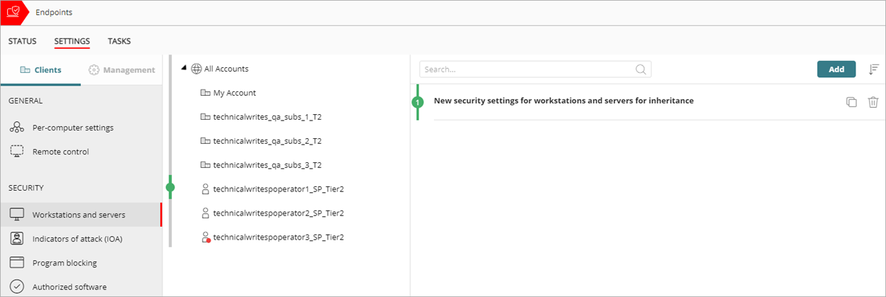 Screen shot of Service Provider Endpoint Manager, Workstation and server settings