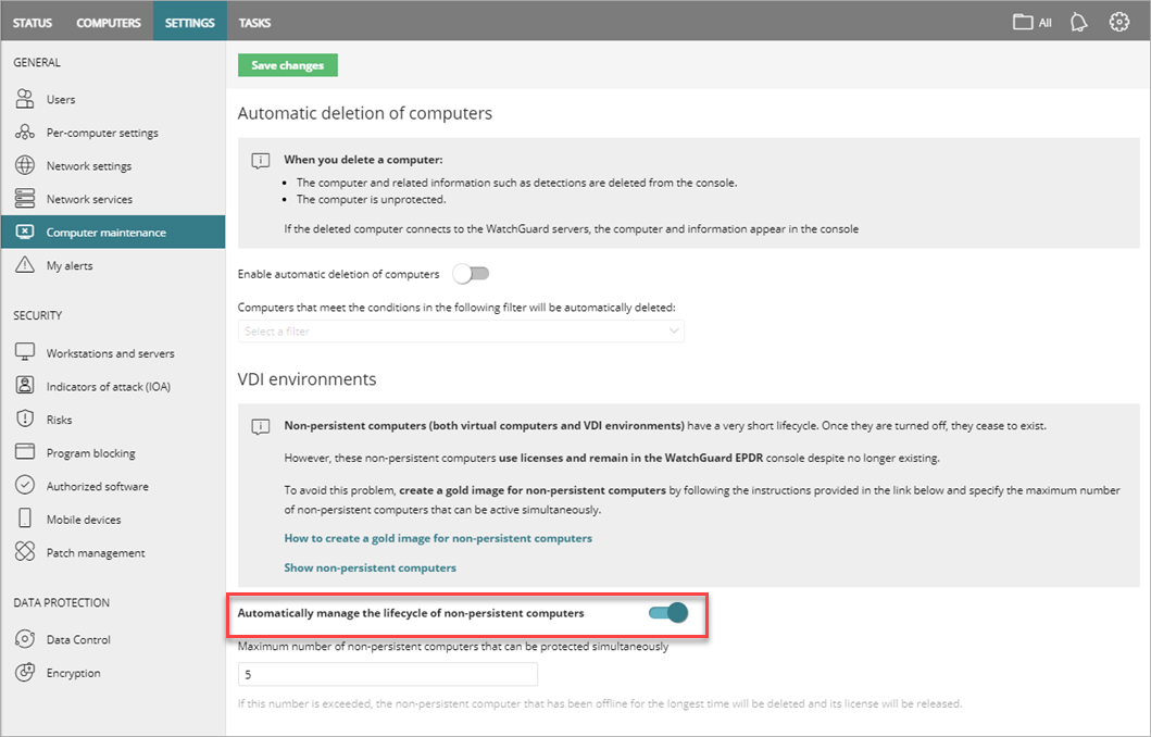 Screen shot of WatchGuard Endpoint Security, Maximum number of non-persistent computers