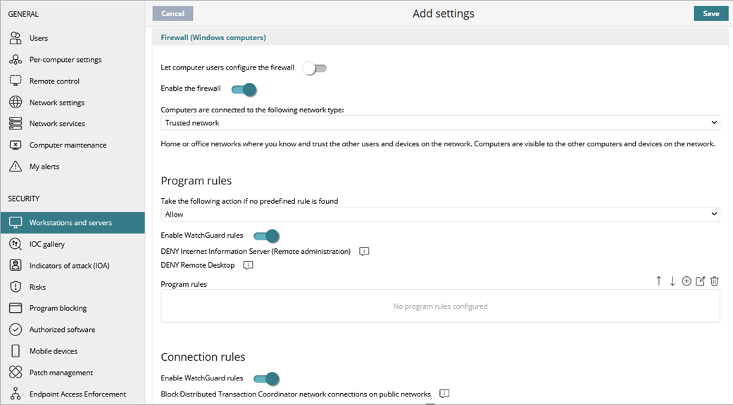 Screen shot of WatchGuard Endpoint Security, Firewall settings