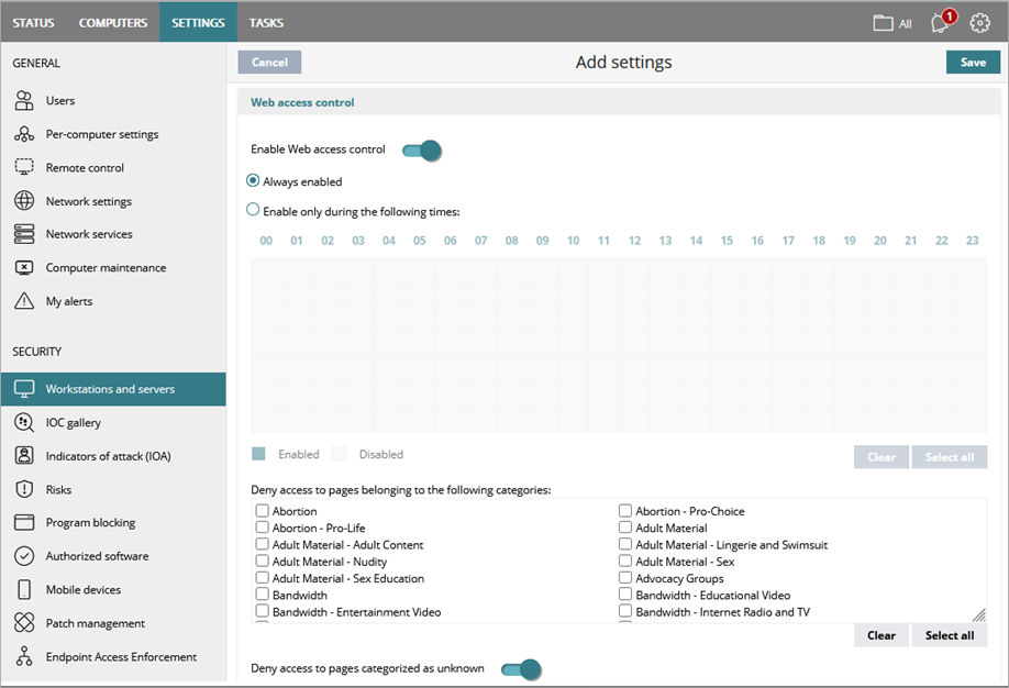 Screen shot of WatchGuard Endpoint Security, Web Access Control settings