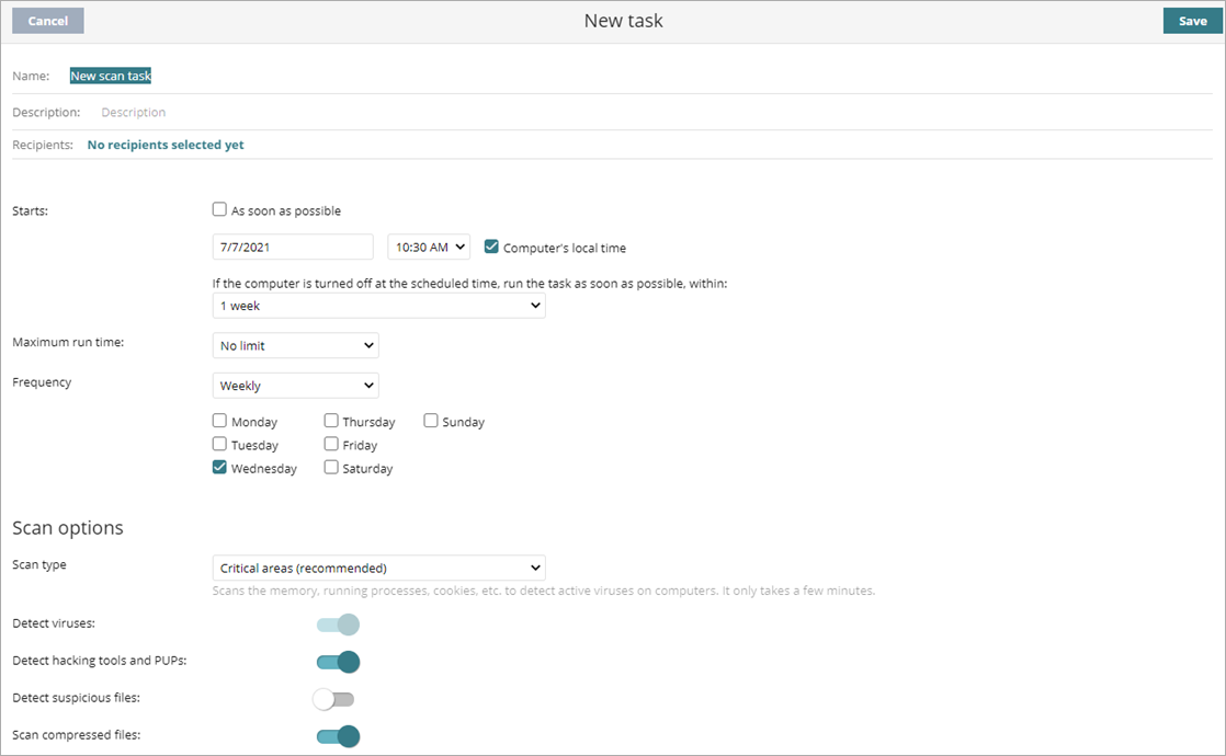 Screen shot of WatchGuard Endpoint Security, New task dialog box