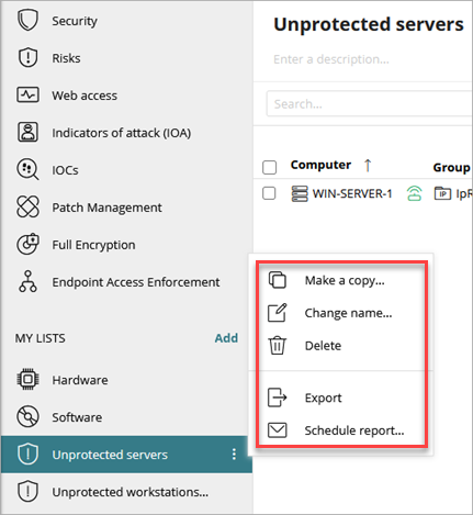 Screen shot of WatchGuard Endpoint Security, My Lists options