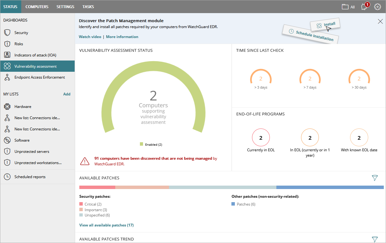 Screen shot of WatchGuard Endpoint Security, Vulnerability Assessment dashboard