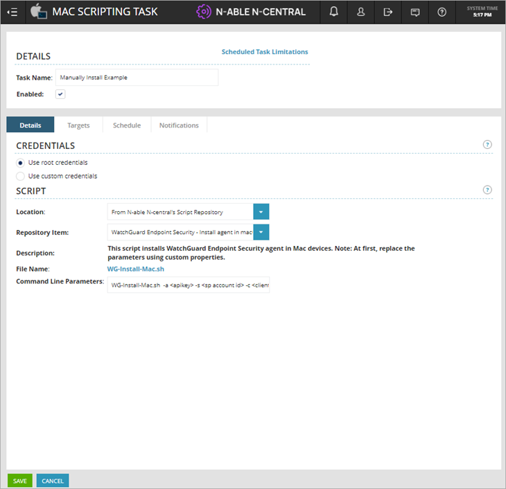 Screen shot of N-Central, Mac Scripting Task, repository details