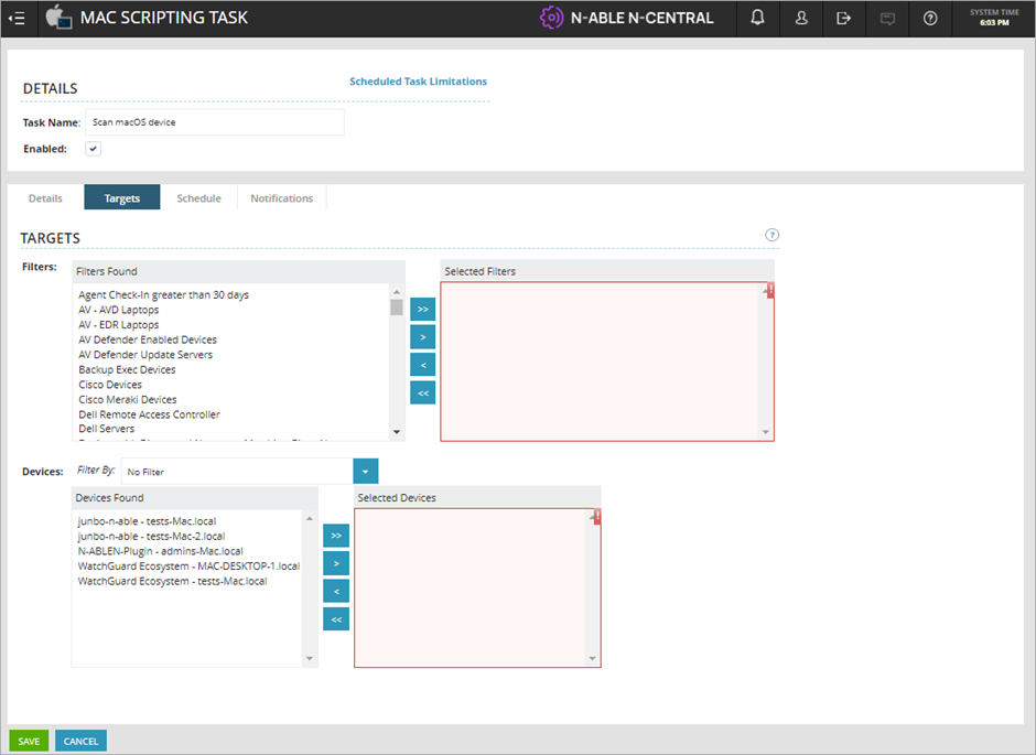 Screen shot of N-Central, Mac Scripting Task, Target page