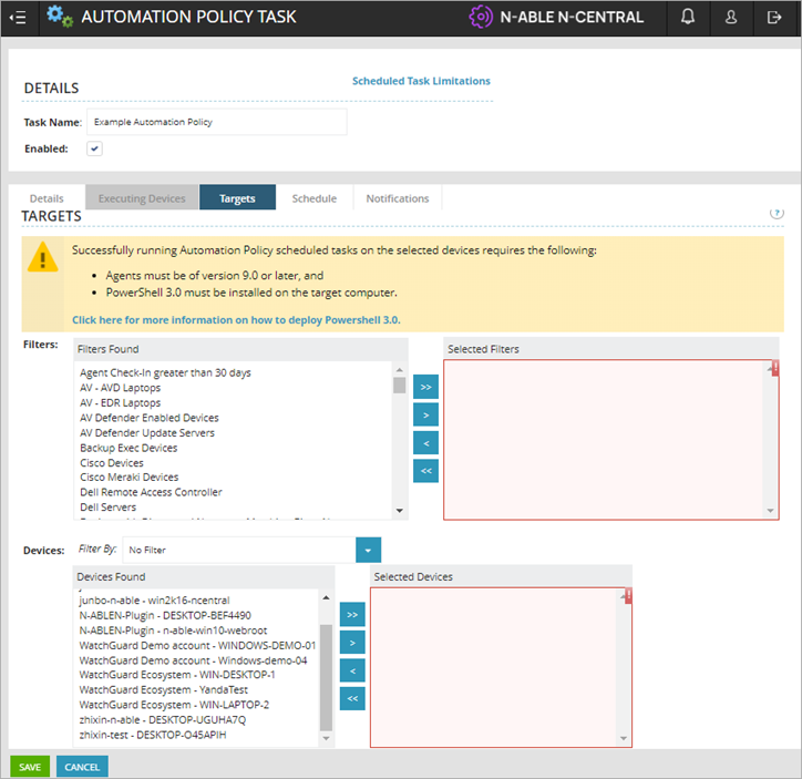 Screen shot of N-Central, Schedule Task Limitations