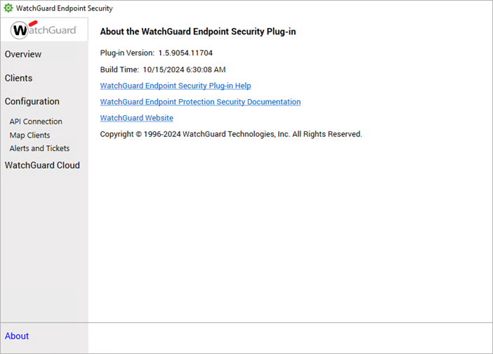 Screenshot of the Endpoint Security plug-in About page. 