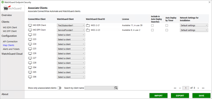 Screen shot of the Associate Clients page in the WatchGuard Endpoint Security plug-in