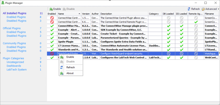 Screen shot of the ConnectWise Automate Control Center Plugin Manager