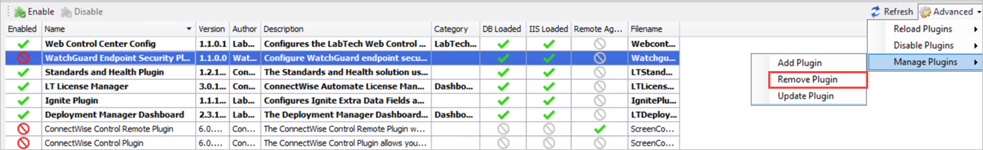 Screen shot of the ConnectWise Automate Control Center Plugin Manager to remove a plug-in