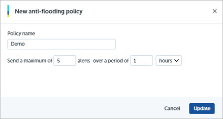 Screen shot of the WatchGuard EPDR, Advanced Visualization Tool, Anti-Flooding Policy dialog box