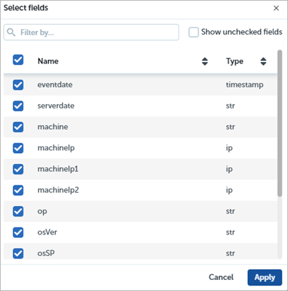 Screen shot of WatchGuard EPDR, Advanced Visualization Tool, Select Columns dialog box