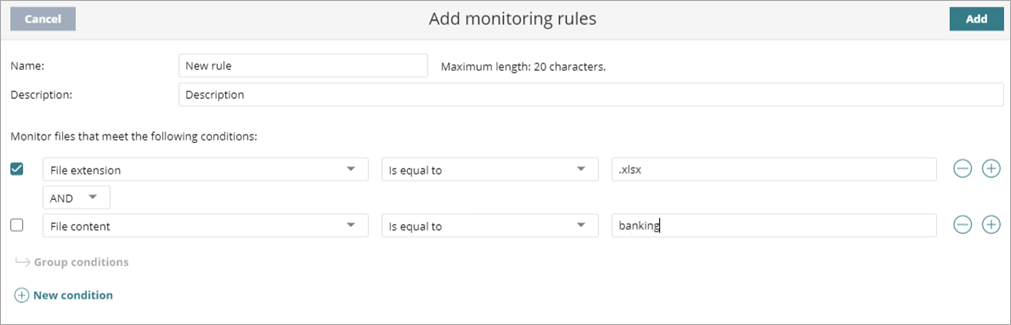 Screen shot of WatchGuard EPDR, Data Control, add new condition