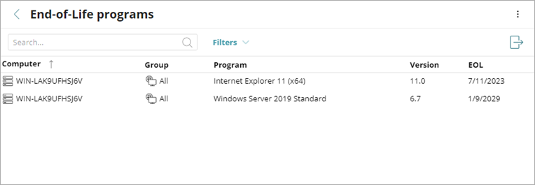 Screen shot of End-of-Life Programs list
