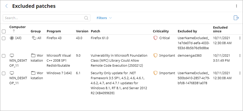 Screen shot of Excluded Patches list