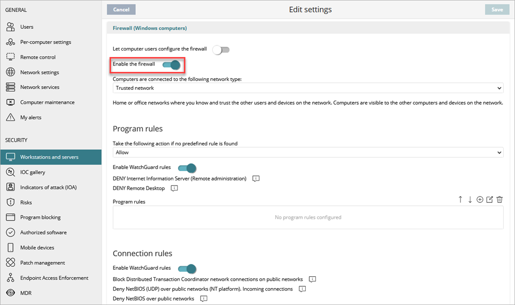 Screenshot of the Enable the Firewall toggle