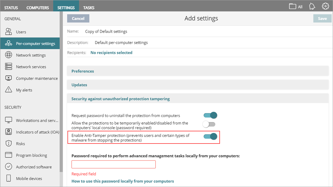 Screenshot of Add Settings UI