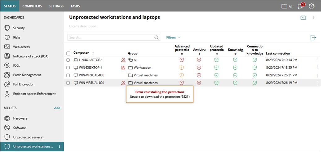 Screenshot of Unprotected workstations and laptops error