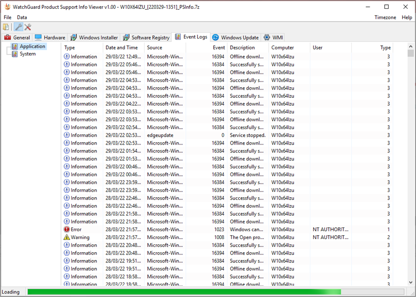 Screenshot of PSInfo Viewer Event Logs tab