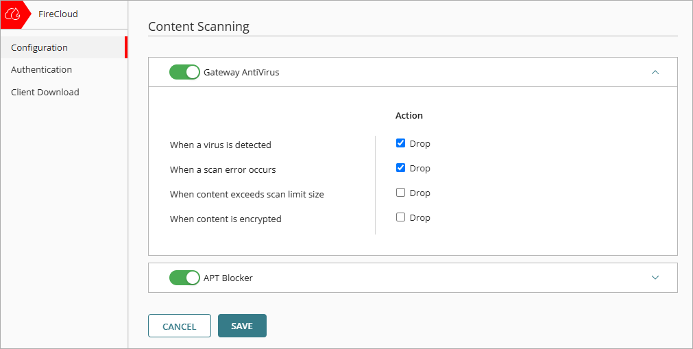 Screenshot of the Content Scanning page with Gateway AntiVirus enabled and expanded.