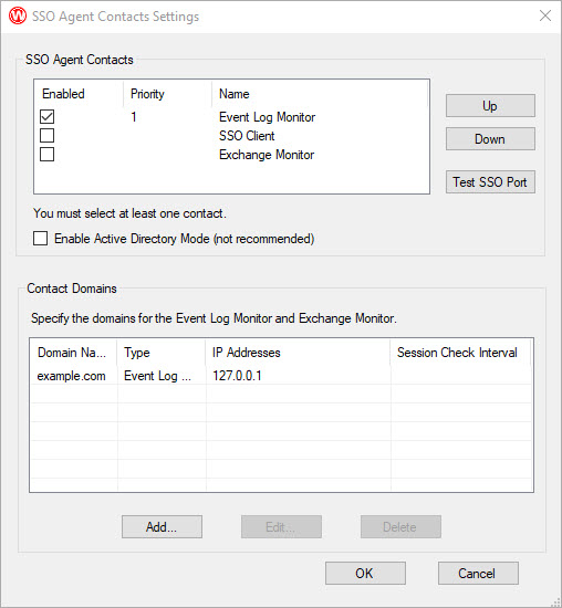 Screen shot of the SSO Agent Contacts Settings dialog box