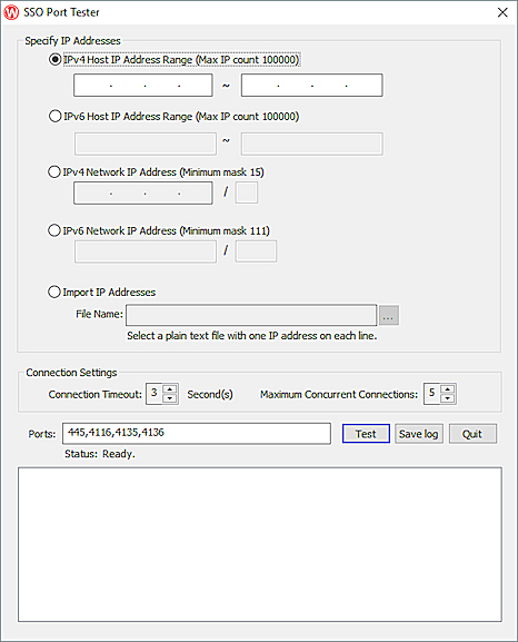 Screen shot of the SSO Port Tester dialog box