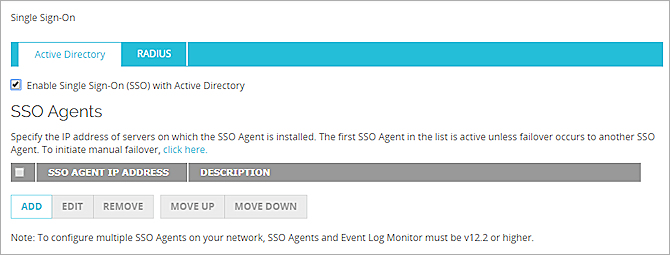 Screen shot of the Authentication Single Sign-On page with SSO enabled