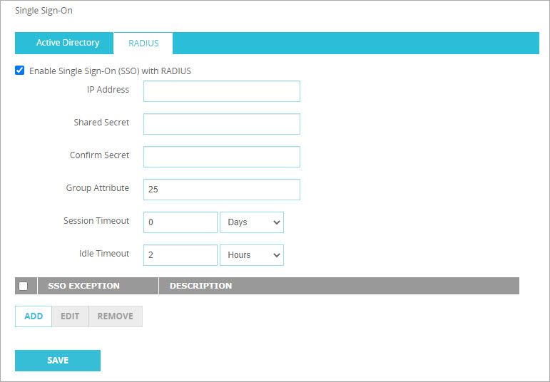 Screen shot of the RADIUS Single Sign-On settings in Fireware Web UI