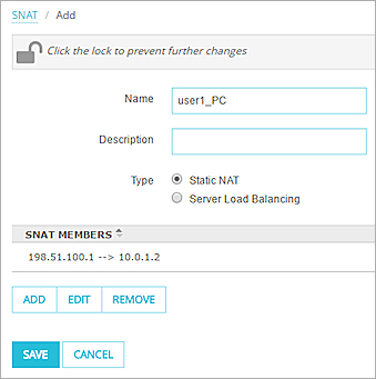 Screenshot about how to define a static NAT action.