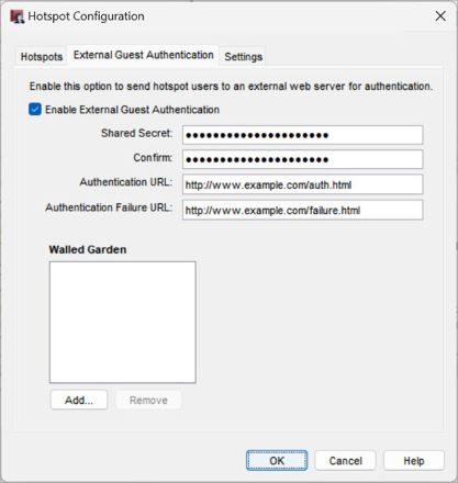 Screen shot of external hotspot authentication settings