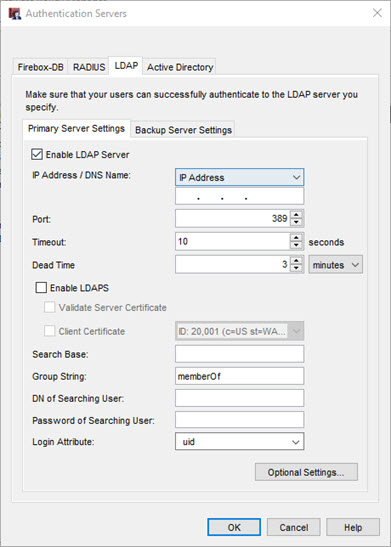 Screen shot of the Authentication Servers dialog box, with the LDAP tab selected