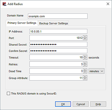 Screen shot of the Add RADIUS dialog box