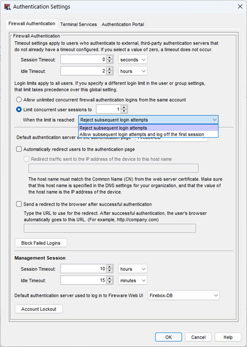 Scrfeenshot of Firewall Authentication settings in Fireware Web UI.