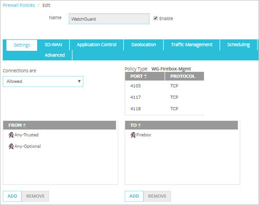 Screen shot of the WatchGuard Policy Configuration page