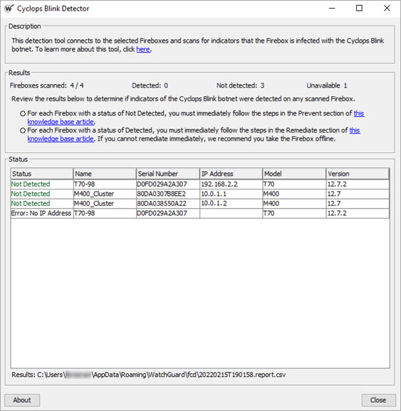 Screenshot of the WSM Cyclops Blink Detector user interface.