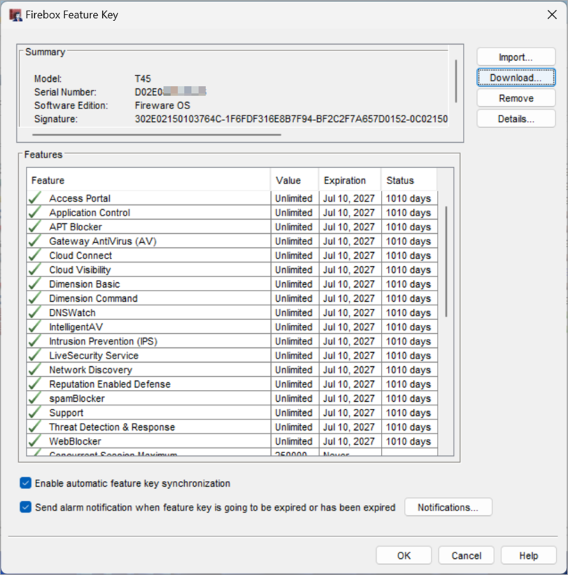 Screen shot of the Firebox Feature Key dialog box with a feature key added