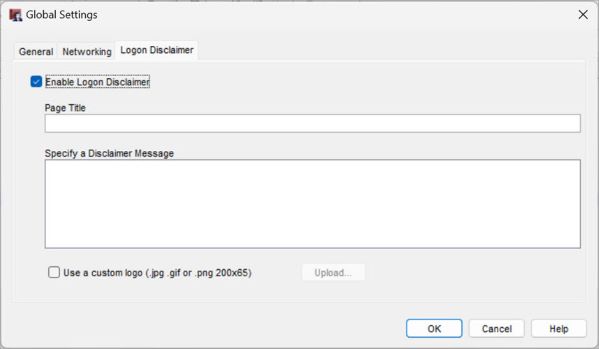 Screen shot of the Global Settings dialog box, Logon Disclaimer tab