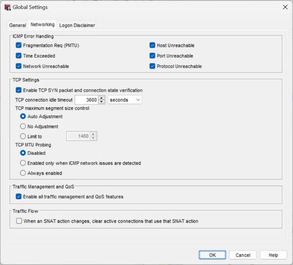 Screen shot of the Global Settings dialog box, Networking tab