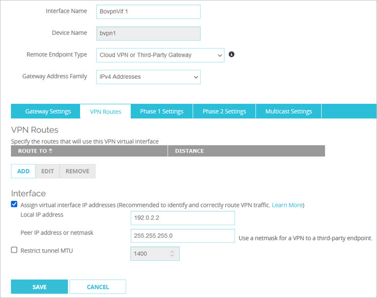 Screen shot of BOVPN virtual interface VPN Routes page