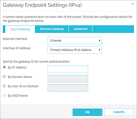 Screen shot of the Gateway Endpoint Settings dialog box, Local Gateway tab