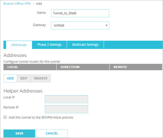 Screen shot of the Tunnel settings page