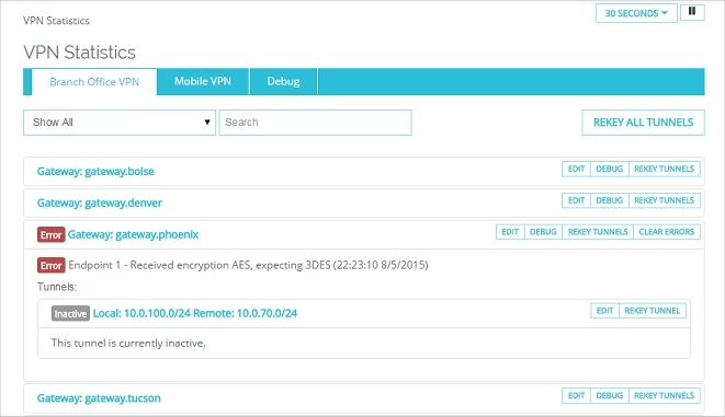 Screen shot of a VPN diagnostic error in the VPN Statistics page