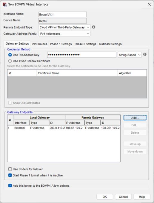 Screen shot of the BOVPN virtual interface gateway settings