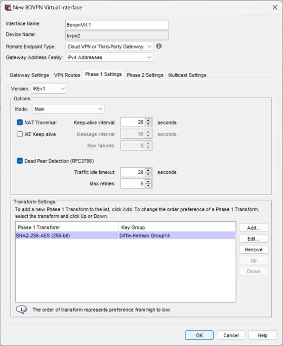 Screen shot of Phase 1 settings in Policy Manager