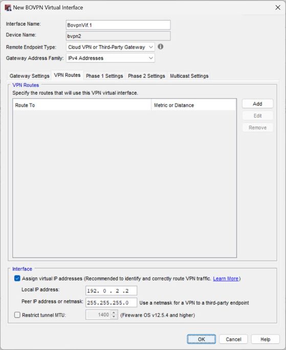 Screen shot of the BOVPN virtual interface, VPN Routes tab