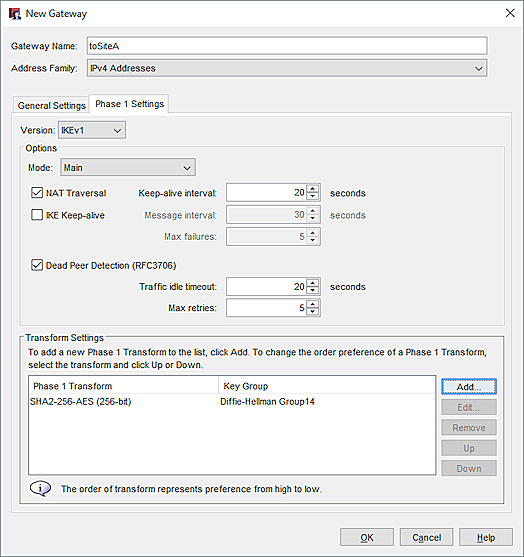 Screen shot of the New Gateway dialog box - Phase 1 Settings tab