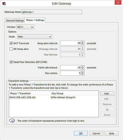 Screen shot of the Branch Office VPN Phase 1 settings 