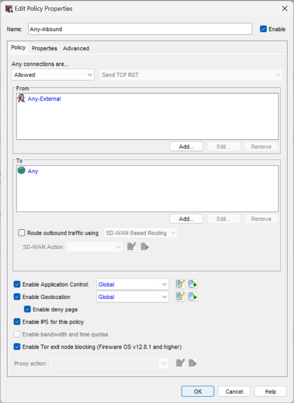 Screen Shot of the Edit Policy Properties dialog box for the Any-inbound policy